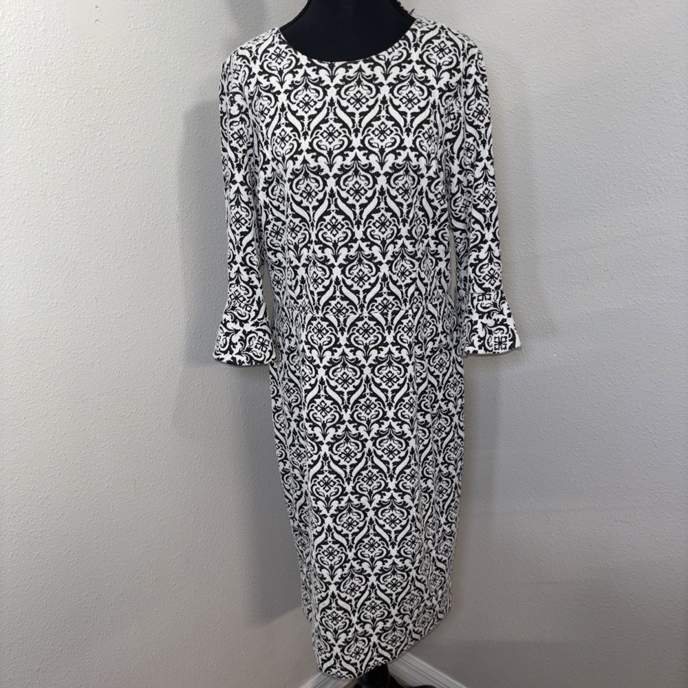 Shelby & Palmer Terry Dress Women's 14 Black & White Geometric 3/4 Bell Sleeve